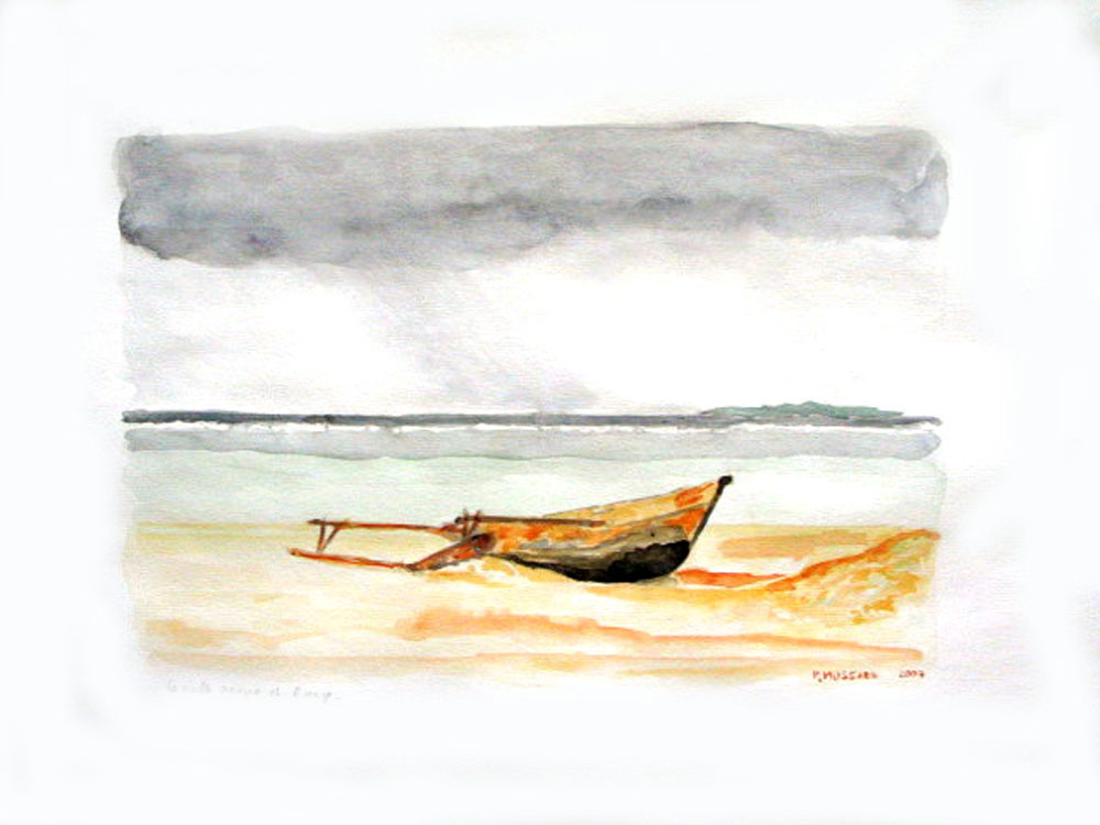 La vieille pirogue et l'orage (aquarelle)